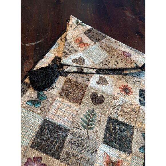 Vintage Tapestry Table Runner Ferns , Butterfly, Hearts 35x13 Tassels - Picture 6 of 7